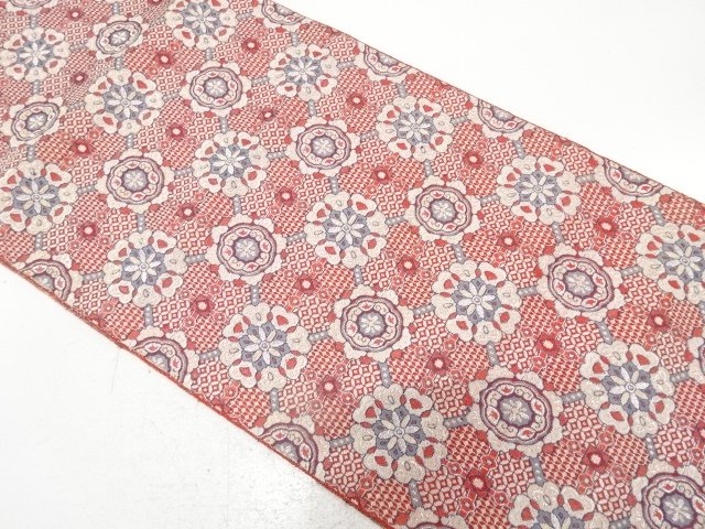 JAPANESE KIMONO / ANTIQUE NAGOYA OBI / SILK / WOVEN GRID & FLORAL CREST